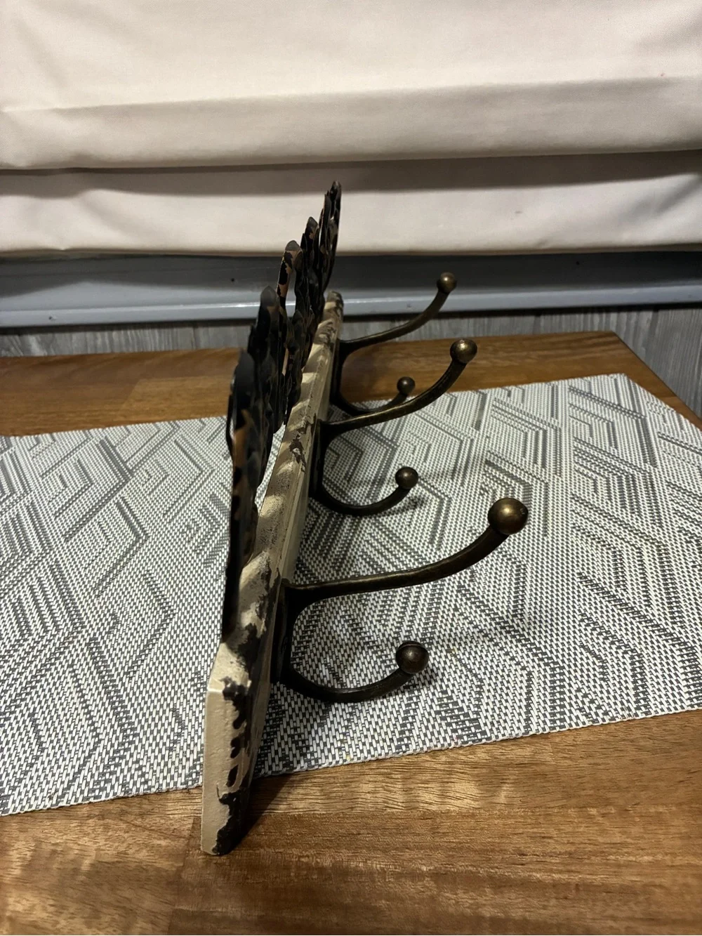 Distressed Ivory and Bronze Wall Hook Rack 15” x 6”